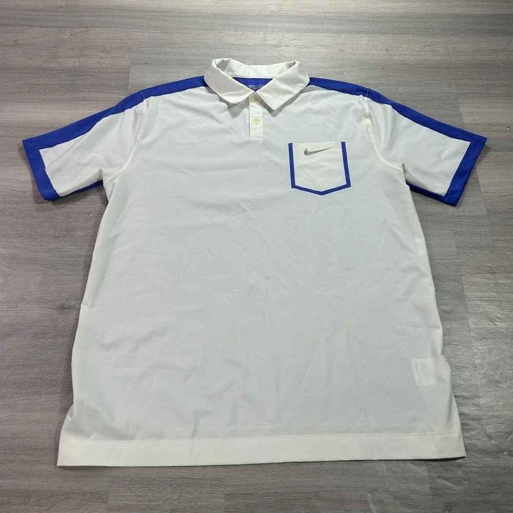 Nike Golf Tour‎ Performance Polo Shirt Mens Large White Blue Dri-FIT Mesh 508323